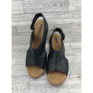 Clarks Collection Black Perforated Leather Wedge‎ Sandals Cushion Soft Women 9M
